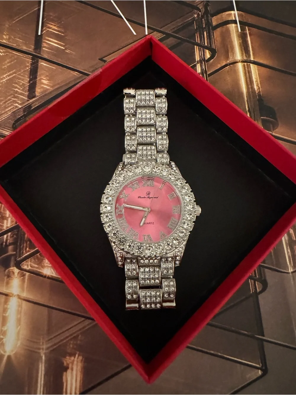 Charles Raymond Vintage Iced Out Luxury Pink Silver Lab Diamond Watch